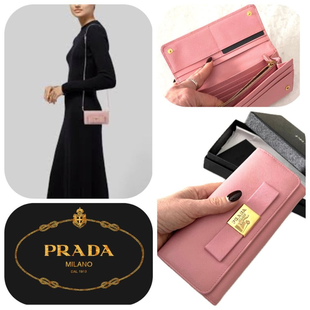 Auc Prada Saffiano Lether Bow Flap long Wallet on Chain Mint conditin!